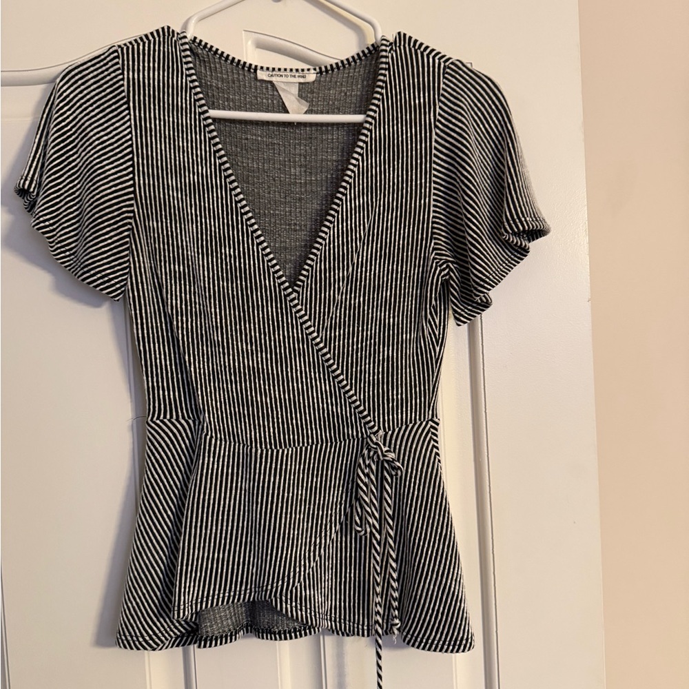 Striped Black and White Wrap Top